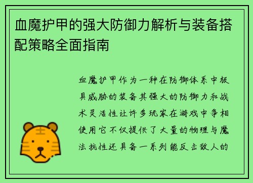 血魔护甲的强大防御力解析与装备搭配策略全面指南